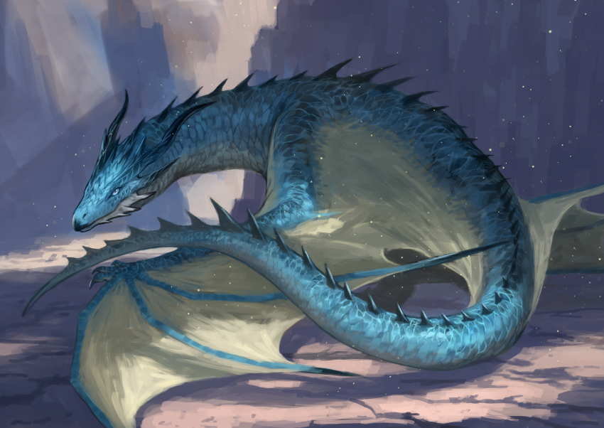 blue_eyes blue_scales claws closed_mouth commentary dragon highres horns looking_at_viewer nasuno_posi no_humans original tail wings wyvern