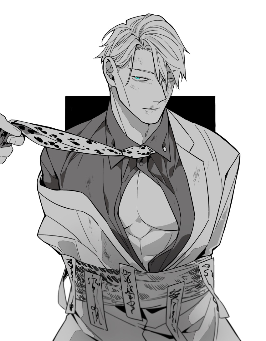 1boy abs alternate_eye_color animal_print blue_eyes bound collared_shirt disembodied_limb greyscale highres holding holding_jewelry holding_necklace jewelry jujutsu_kaisen leopard_print male_focus mochiya_(mochiya0504) monochrome muscular muscular_male nanami_kento necklace necktie pectorals shirt short_hair sitting solo talisman tied_up_(nonsexual) upper_body