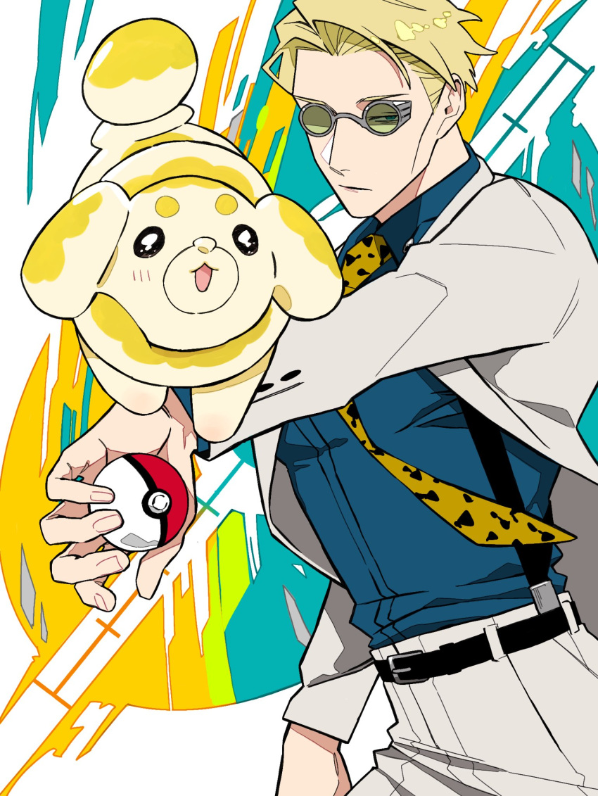 1boy alternate_eye_color animal_print belt black_belt blue_eyes blue_shirt collared_shirt fidough goggles grey_suit highres holding holding_poke_ball jujutsu_kaisen leopard_print long_sleeves looking_at_viewer mochiya_(mochiya0504) nanami_kento necktie poke_ball pokemon pokemon_(creature) pokemon_sv shirt short_hair suit suspenders yellow_necktie