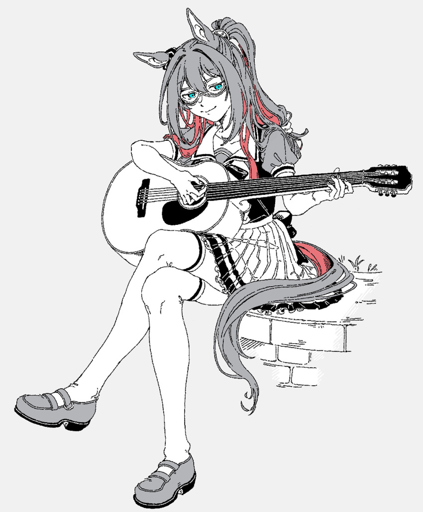 1girl acoustic_guitar animal_ears aqua_eyes closed_mouth crossed_legs domino_mask el_condor_pasa_(umamusume) guitar high_ponytail highres holding holding_guitar holding_instrument horse_ears horse_girl horse_tail instrument loafers long_hair mask oo_sungnim partially_colored ponytail sailor_collar school_uniform shirt shoes short_sleeves sitting skirt smile solo tail thighhighs tracen_school_uniform umamusume