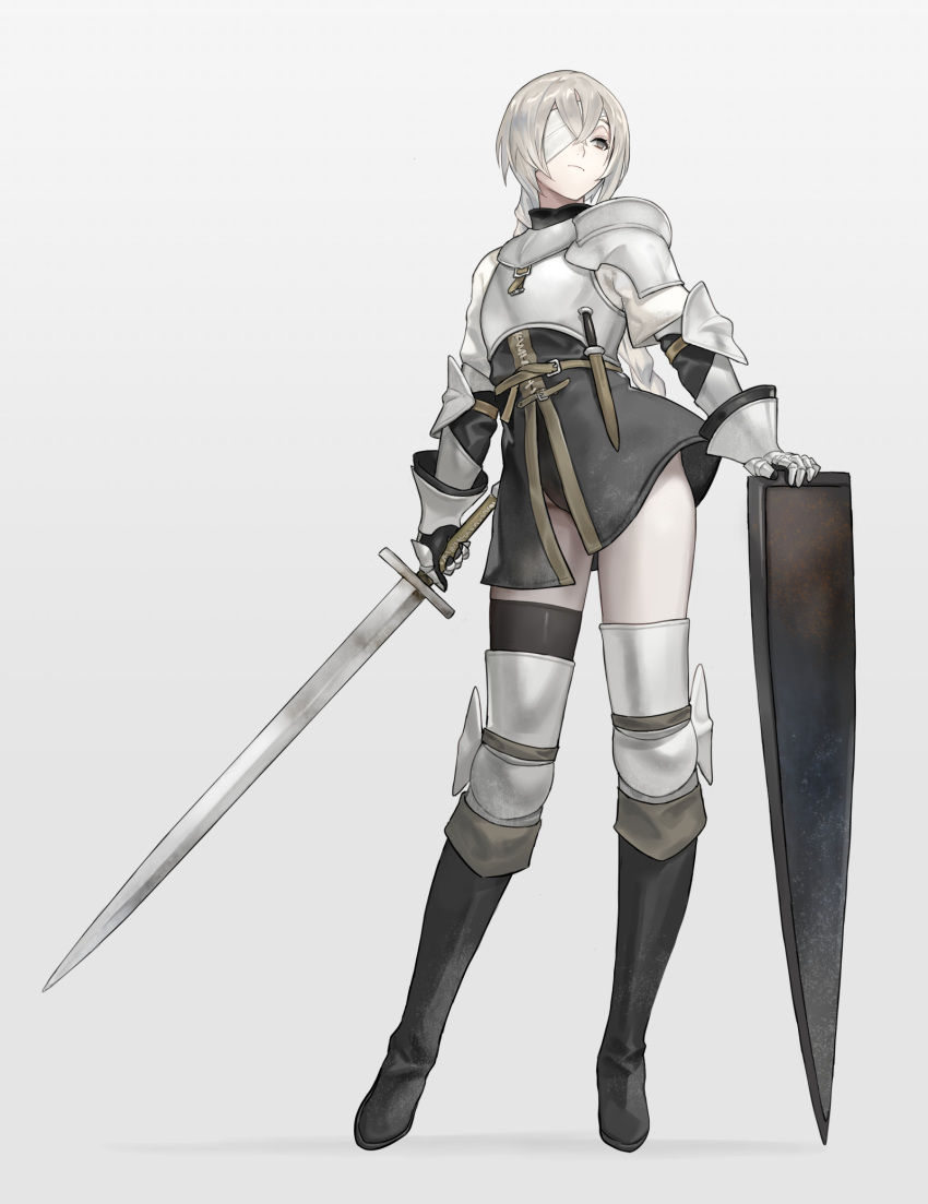 1girl armor bandage_over_one_eye belt blonde_hair boots braid breastplate full_body gauntlets grey_background grey_eyes hand_on_shield highres holding holding_sword holding_weapon km_yama long_hair original planted_shield plate_armor shield single_braid solo standing sword thigh_boots weapon