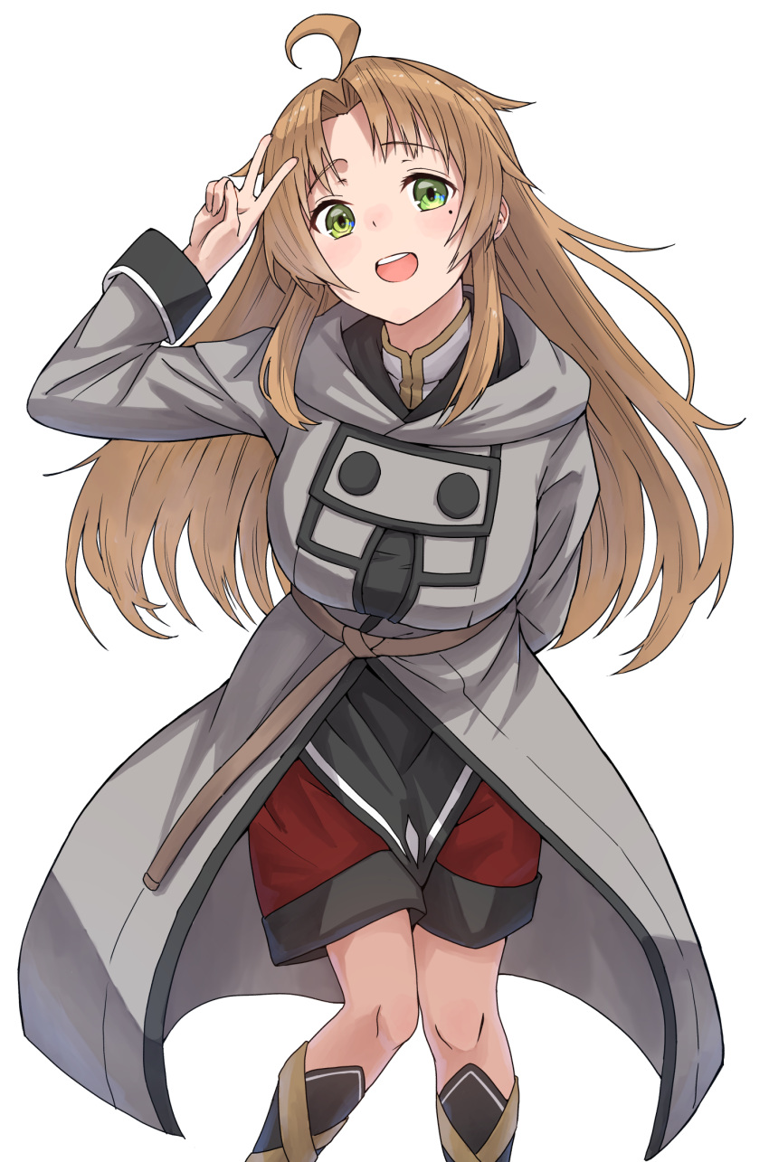 1girl :d ahoge alternate_hair_length alternate_hairstyle arm_behind_back arm_up breasts brown_hair coat commentary_request feet_out_of_frame genderswap genderswap_(mtf) green_eyes grey_coat hand_up highres knees_together_feet_apart large_breasts leaning_forward long_hair long_sleeves looking_at_viewer mole mole_under_eye mushoku_tensei red_shorts rudeus_greyrat shirt shorts simple_background sleeve_cuffs smile syagare v v_over_head white_background white_shirt
