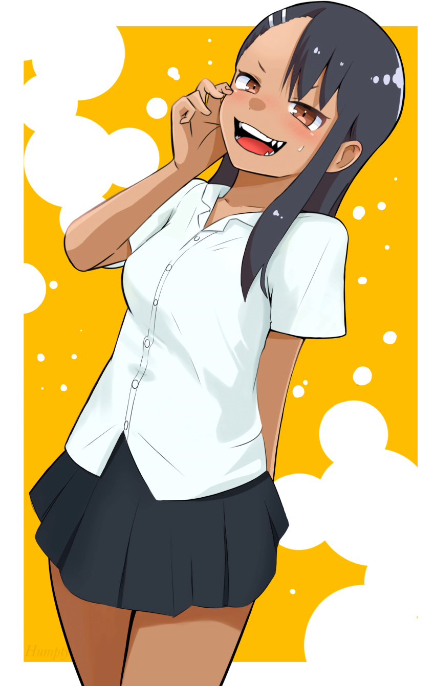 1girl absurdres arm_behind_back asymmetrical_bangs black_hair black_skirt breasts brown_eyes collarbone cowboy_shot hand_on_own_cheek hand_on_own_face highres humptyday ijiranaide_nagatoro-san long_hair looking_at_viewer medium_breasts miniskirt nagatoro_hayase pleated_skirt shirt short_sleeves skirt smile solo standing teardrop teeth tongue white_shirt yellow_background