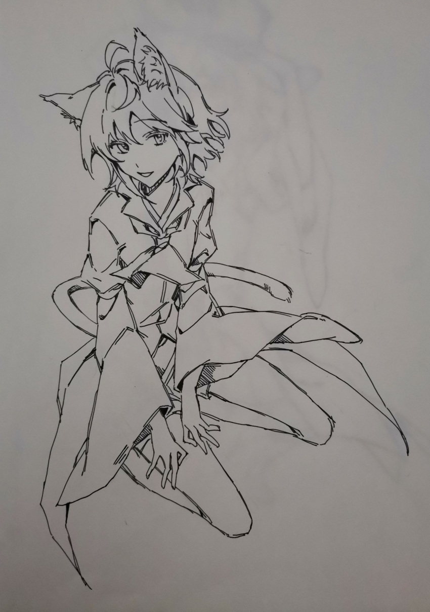 1other absurdres androgynous animal_ears ascot ballpoint_pen_(medium) cat_ears cat_tail chinese_commentary coat commentary_request greyscale highres houlen_yabusame kemonomimi_mode kneeling komatsu2536 layered_sleeves len'en long_sleeves monochrome other_focus puffy_short_sleeves puffy_sleeves short_hair short_over_long_sleeves short_sleeves simple_background smile solo tail traditional_media white_background wide_sleeves