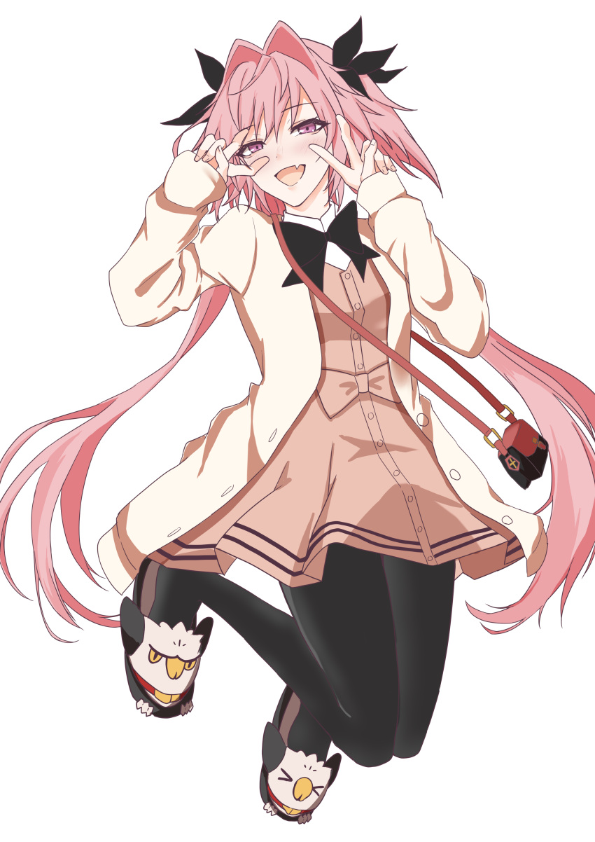 1boy absurdres animal_slippers astolfo_(fate) bag black_pantyhose blush bow double_v fate/grand_order fate_(series) hair_bow hair_intakes handbag highres long_hair looking_at_viewer male_focus open_clothes open_mouth open_shirt otoko_no_ko pantyhose pink_hair slippers smile terafujiryo v