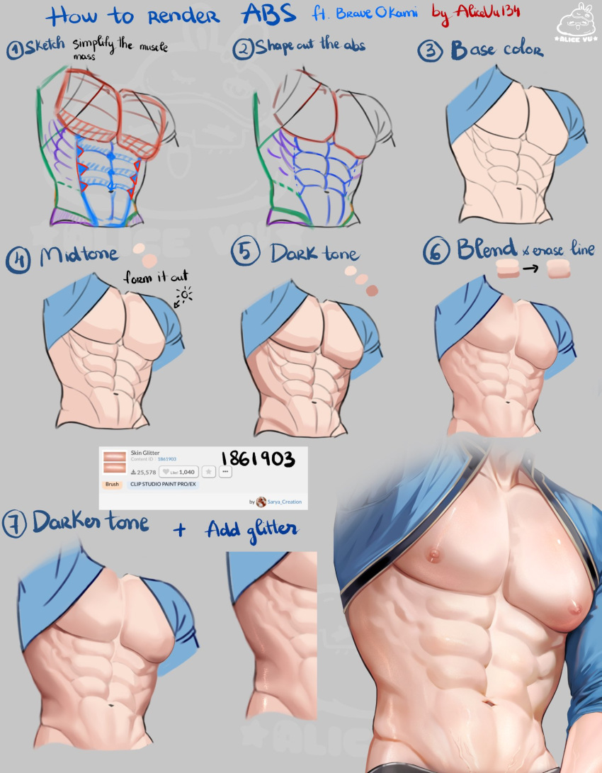 1boy abs alice_vu anatomy art_program_in_frame bare_pectorals clothes_lift disembodied_torso english_text groin highres how_to large_pectorals male_focus muscular muscular_male navel nipples obliques original pectorals shirt_lift stomach v-taper