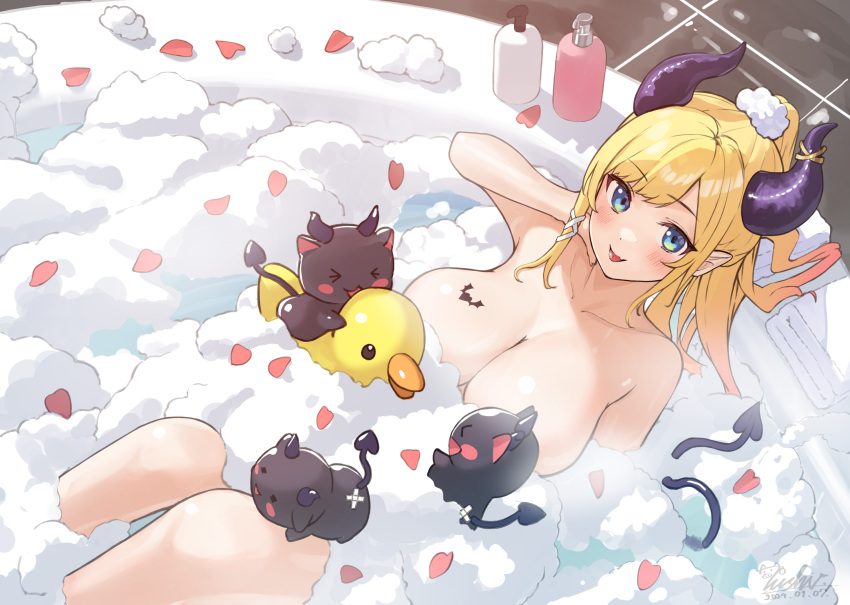 &gt;_&lt; 1girl bath bathing bathtub blonde_hair blue_eyes blush_stickers breast_tattoo breasts bubble_bath chocolat-chan_(yuzuki_choco) completely_nude demon_girl demon_horns demon_tail fang heart heart_tattoo highres hololive horns large_breasts long_hair looking_at_viewer nanaushi nude open_mouth petals rubber_duck skin_fang smile soap_bubbles tail tattoo virtual_youtuber winged_heart_tattoo yuzuki_choco