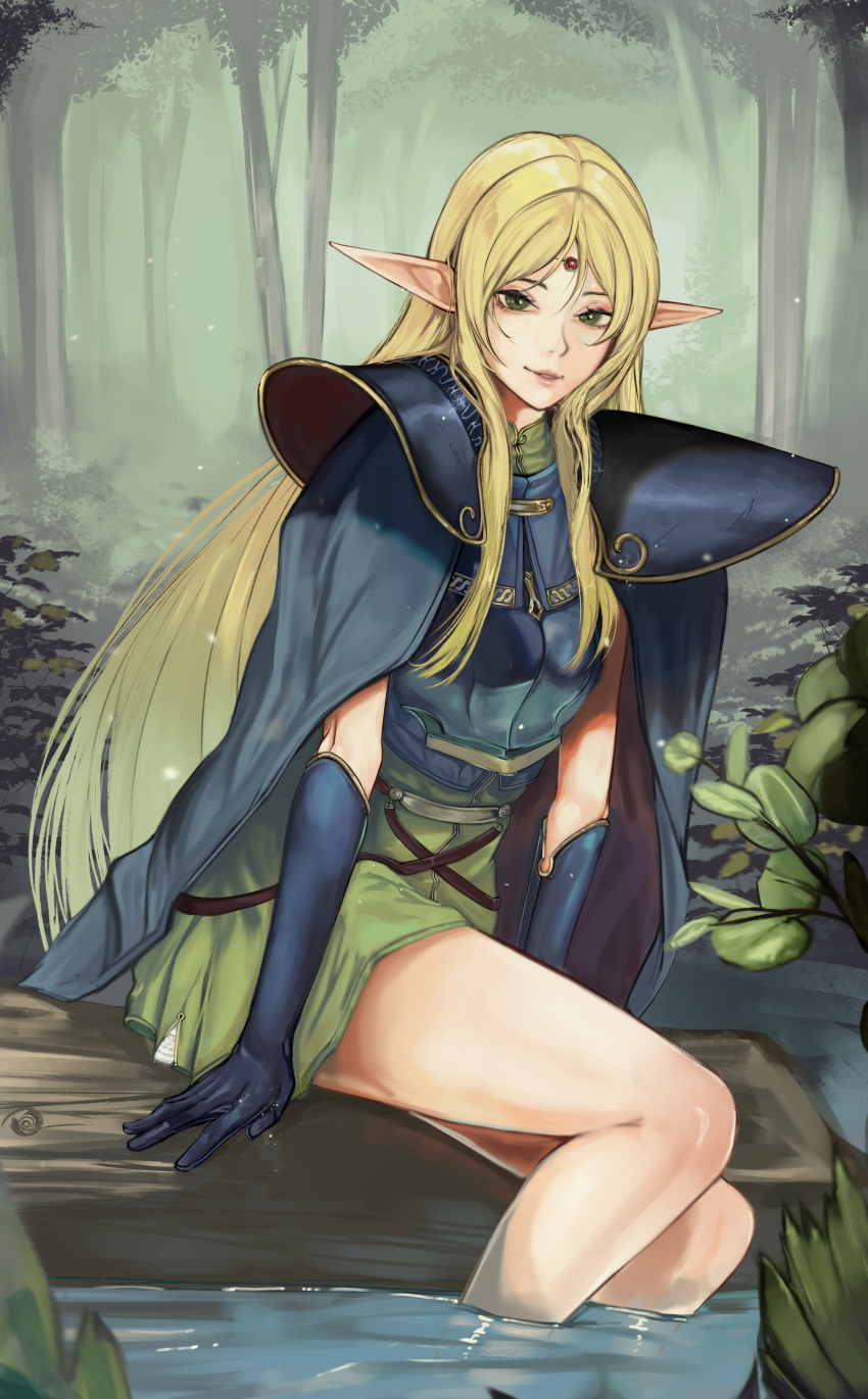 1girl absurdres arm_support armor blonde_hair blue_cape blue_gloves cape commentary deedlit dress elbow_gloves elf english_commentary forest gem gloves green_dress green_eyes hair_between_eyes highres kaiser_(kaiserofart) log long_hair long_pointy_ears looking_at_viewer nature outdoors parted_lips pauldrons plant pointy_ears record_of_lodoss_war red_gemstone shoulder_armor sitting smile soaking_feet solo teeth tree very_long_hair water