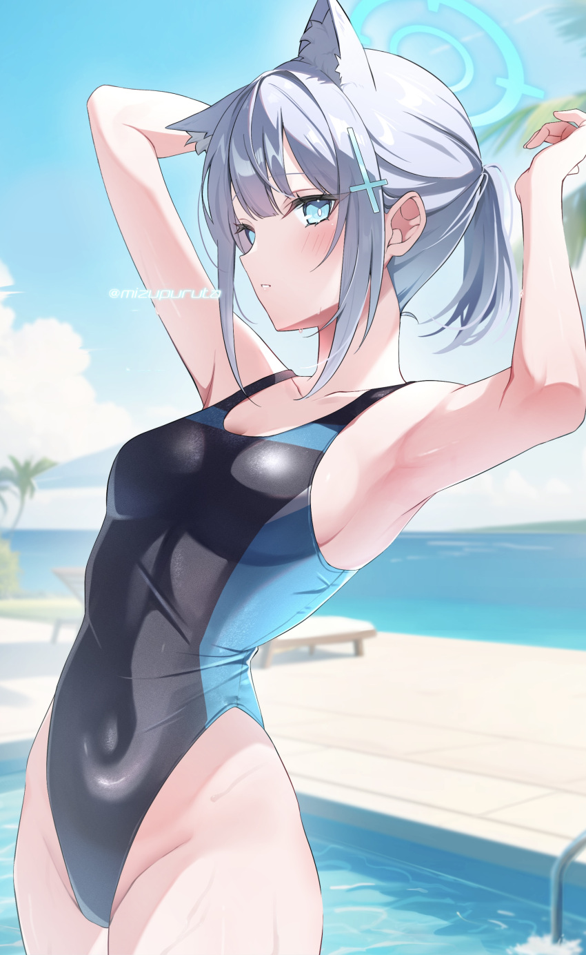 1girl absurdres animal_ear_fluff animal_ears arm_behind_head armpits arms_up beach blue_archive blue_eyes blue_sky blurry breasts cloud cloudy_sky collarbone competition_school_swimsuit cross_hair_ornament depth_of_field extra_ears grey_hair hair_between_eyes hair_ornament halo highres horizon looking_at_viewer medium_breasts medium_hair mismatched_pupils mizupuruta ocean official_alternate_costume official_alternate_hairstyle outdoors parted_lips ponytail school_swimsuit shiroko_(blue_archive) shiroko_(swimsuit)_(blue_archive) sidelocks sky solo swimsuit wet wet_clothes wet_swimsuit wolf_ears wolf_girl