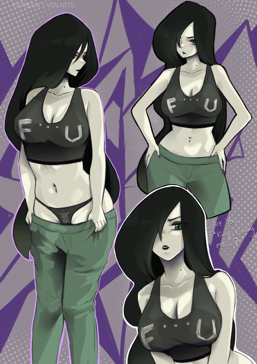 1girl black_hair black_lips black_panties breasts cleavage collarbone commentary crop_top english_commentary green_eyes green_pants grey_background hand_on_own_hip highres kim_possible_(series) large_breasts long_hair midriff mole mole_on_neck multiple_views navel panties pants parted_lips print_panties purple_background shego standing two-tone_background underwear undressing very_long_hair vialnite