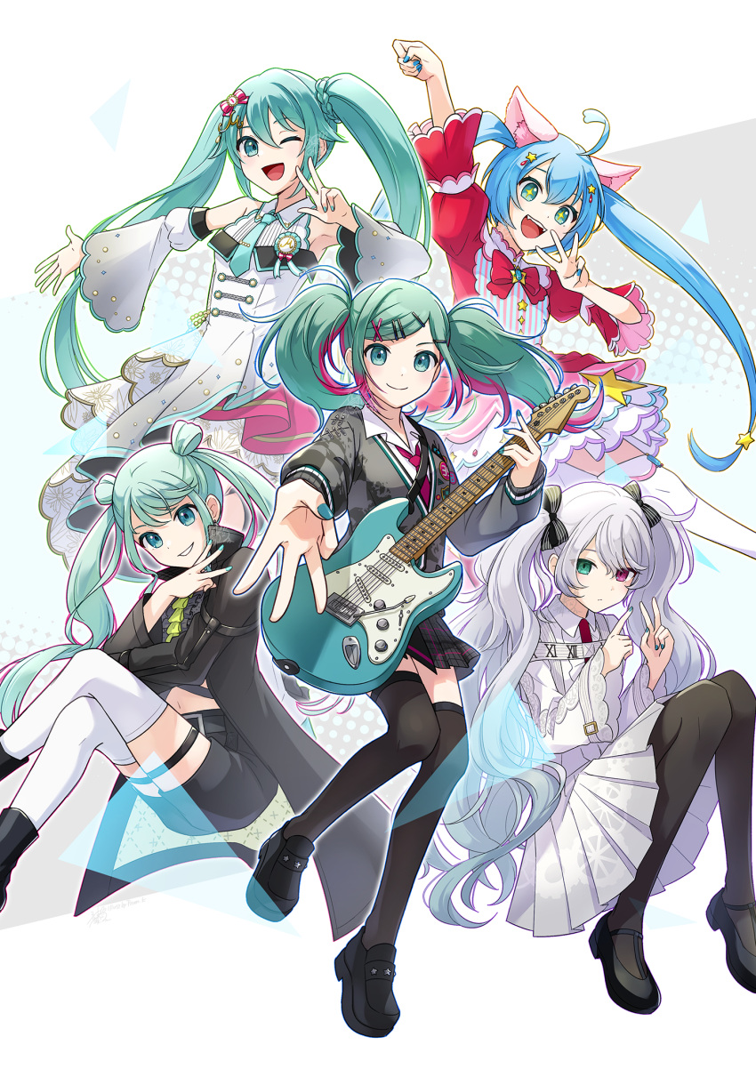 +_+ 25-ji_miku 5girls :d ;d animal_ears aqua_hair aqua_nails black_footwear black_thighhighs blue_hair blue_nails bow bowtie closed_mouth detached_sleeves expressionless green_eyes green_hair grey_hair grin hair_bow hatsune_miku heterochromia highres leo/need_miku more_more_jump!_miku multiple_girls necktie one_eye_closed open_mouth peron_(niki2ki884) pleated_skirt project_sekai red_bow red_bowtie red_eyes red_necktie skirt smile thighhighs twintails vivid_bad_squad_miku vocaloid w white_thighhighs wide_sleeves wonderlands_x_showtime_miku