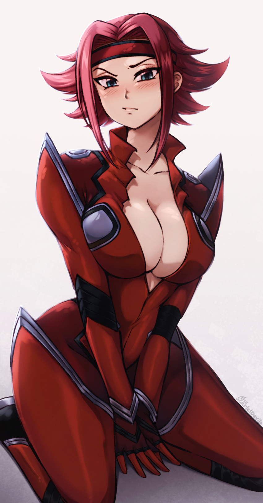 1girl absurdres blue_eyes blush bodysuit breasts cleavage closed_mouth code_geass collarbone headband highres kallen_stadtfeld large_breasts looking_at_viewer parted_bangs red_bodysuit red_hair seiza short_hair sitting solo the_scarlet_devil