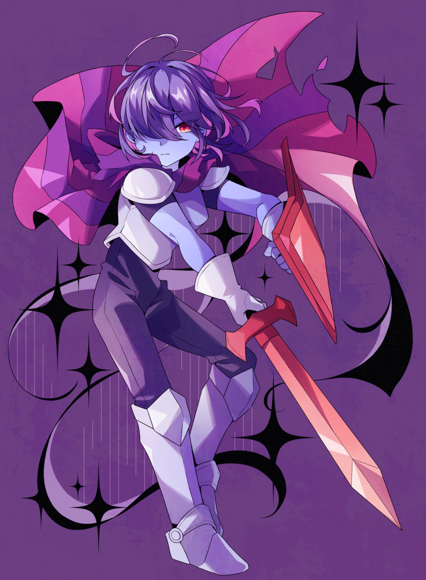 1other androgynous armor blue_skin bodysuit bodysuit_under_clothes breastplate cape colored_skin deltarune eyes_visible_through_hair floating_cape from_side full_body gauntlets greaves hair_over_one_eye highres holding holding_shield holding_sword holding_weapon kris_(deltarune) looking_at_viewer one_eye_covered oshino_no other_focus pauldrons pink_cape purple_background purple_bodysuit purple_cape purple_hair purple_theme red_eyes serious shield short_hair shoulder_armor simple_background solo sparkle standing swept_bangs sword torn_cape torn_clothes two-tone_cape weapon