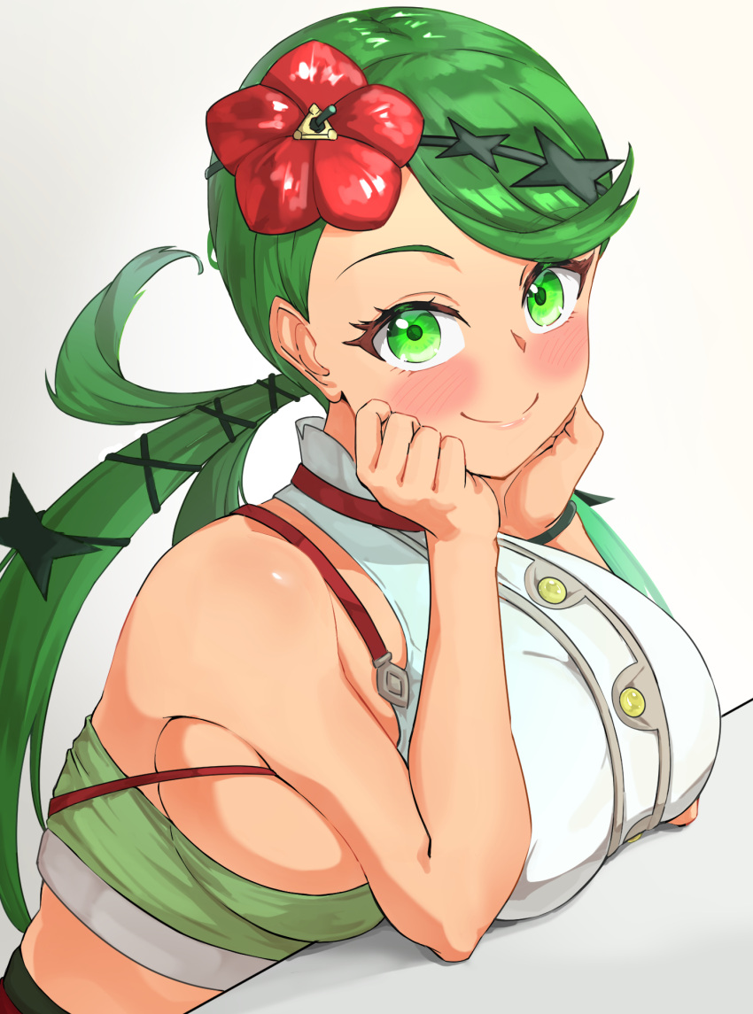 1girl aged_up alternate_breast_size bandeau bare_shoulders blush breast_rest breasts breasts_squeezed_together closed_mouth commentary_request cropped_shirt dark-skinned_female dark_skin flower green_bandeau green_eyes green_hair green_headband hair_flower hair_ornament head_rest headband highres hizakake huge_breasts long_hair looking_at_viewer low_twintails mallow_(pokemon) midriff pokemon pokemon_usum shadow shirt sideboob simple_background sitting sleeveless sleeveless_shirt smile solo swept_bangs twintails upper_body white_background white_shirt wristband