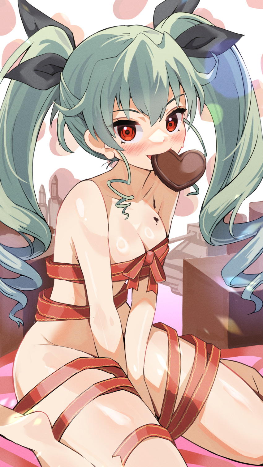 1girl absurdres anchovy_(girls_und_panzer) barefoot between_legs black_ribbon blaze_(blazeillust) blush breasts candy chocolate commentary_request drill_hair feet food food_in_mouth food_on_body food_on_breasts girls_und_panzer green_hair hair_between_eyes hair_ribbon hand_between_legs heart heart-shaped_chocolate highres long_hair looking_at_viewer medium_breasts mouth_hold naked_ribbon red_eyes red_ribbon ribbon sitting soles solo twin_drills twintails wariza