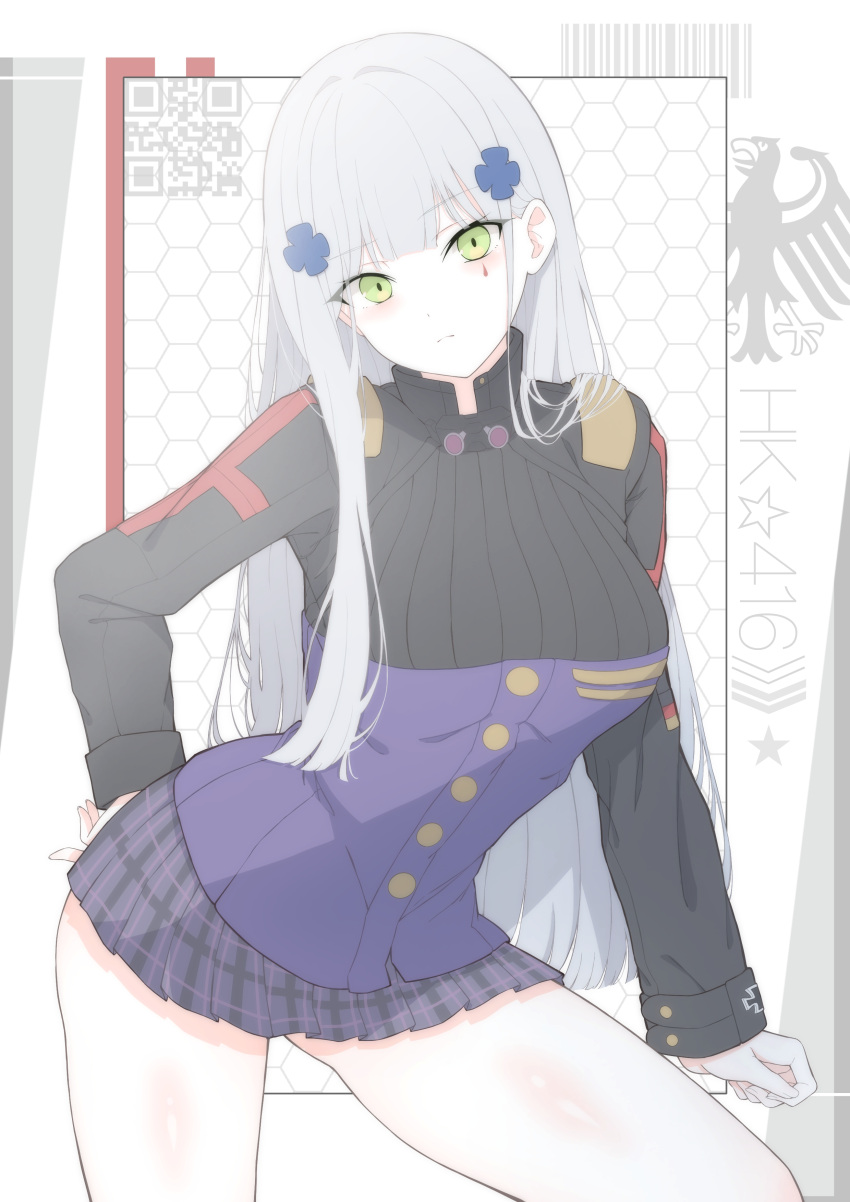 1girl absurdres barcode black_jacket character_name closed_mouth cowboy_shot criss-cross_halter expressionless girls'_frontline green_eyes grey_hair halterneck hand_on_own_hip highres hk416_(girls'_frontline) jacket long_hair looking_at_viewer multicolored_clothes multicolored_jacket plaid plaid_skirt pleated_skirt purple_jacket purple_skirt qr_code simple_background skirt solo star_(symbol) straight_hair teardrop_facial_mark teardrop_tattoo two-tone_jacket uchikata_takeaki