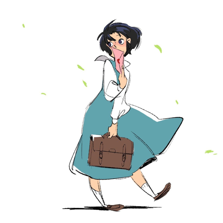 1girl annielidraws bad_id bad_tumblr_id bag black_eyes black_hair blouse blue_dress blush bob_cut briefcase brown_bag brown_footwear covering_own_mouth dress envelope falling_leaves floating_hair foot_up full_body fuurinkan_high_school_uniform heart highres holding holding_bag holding_letter leaf letter loafers long_sleeves looking_back looking_to_the_side love_letter nose_blush pinafore_dress puffy_sleeves ranma_1/2 sailor_collar school_briefcase school_uniform shadow shirt shoes short_hair simple_background sleeveless sleeveless_dress socks solo tendou_akane wax_seal white_background white_sailor_collar white_shirt white_socks wind