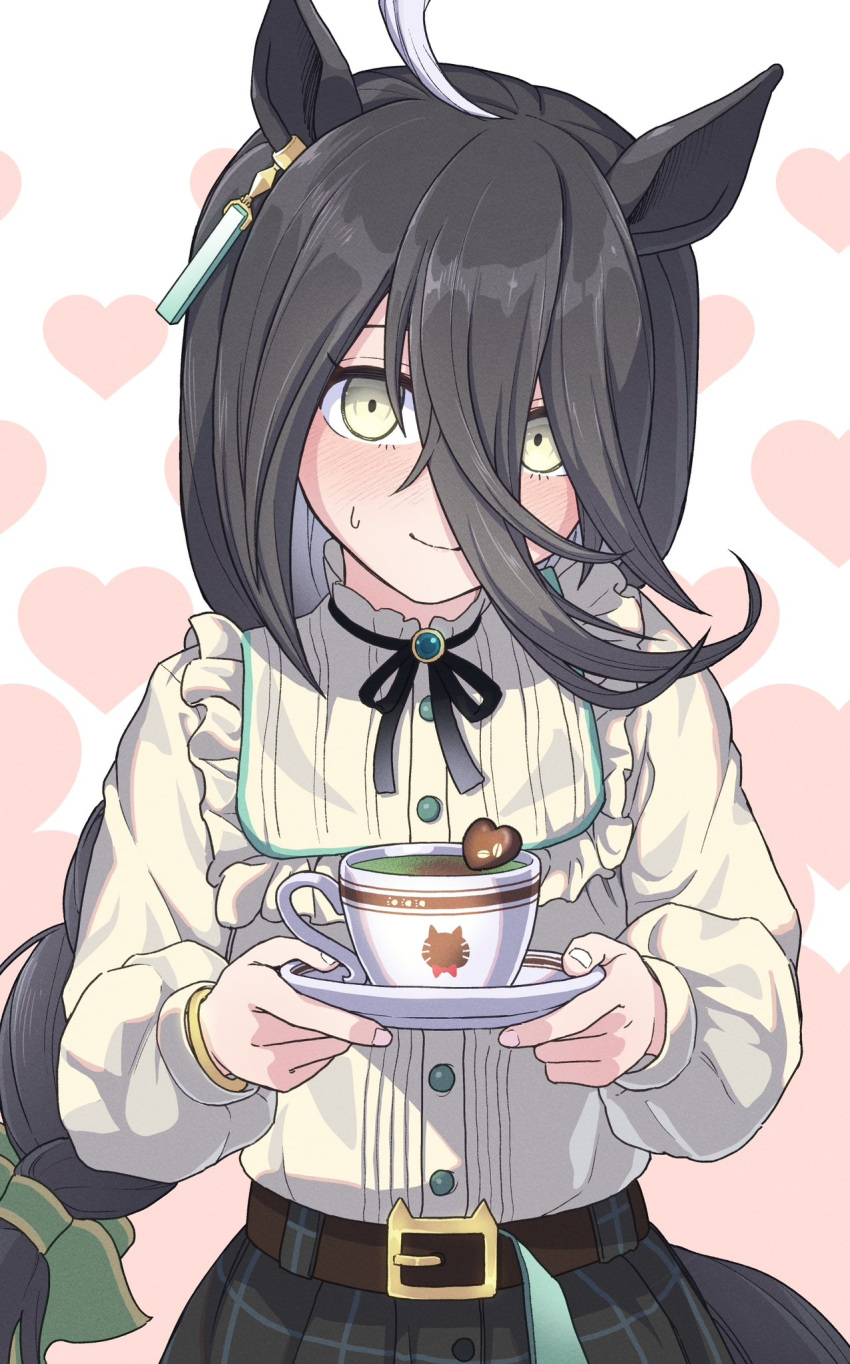 1girl ahoge animal_ears belt black_belt black_bow black_eyeliner black_hair blush bow braid breasts brooch candy chocolate choker coffee cup drink ear_tag earrings eyelashes eyeliner food frills green_bow hair_between_eyes hair_bow happy_valentine heart heart-shaped_chocolate highres holding holding_cup holding_drink holding_plate horse_ears horse_girl jewelry kimihitsuji light_smile long_bangs long_hair long_sleeves looking_at_viewer low-tied_long_hair makeup manhattan_cafe_(verdant_night)_(umamusume) multicolored_hair nervous official_alternate_costume official_alternate_hairstyle plate shirt single_braid single_earring small_breasts solo sweat sweatdrop umamusume valentine very_long_hair white_hair white_shirt yellow_eyes