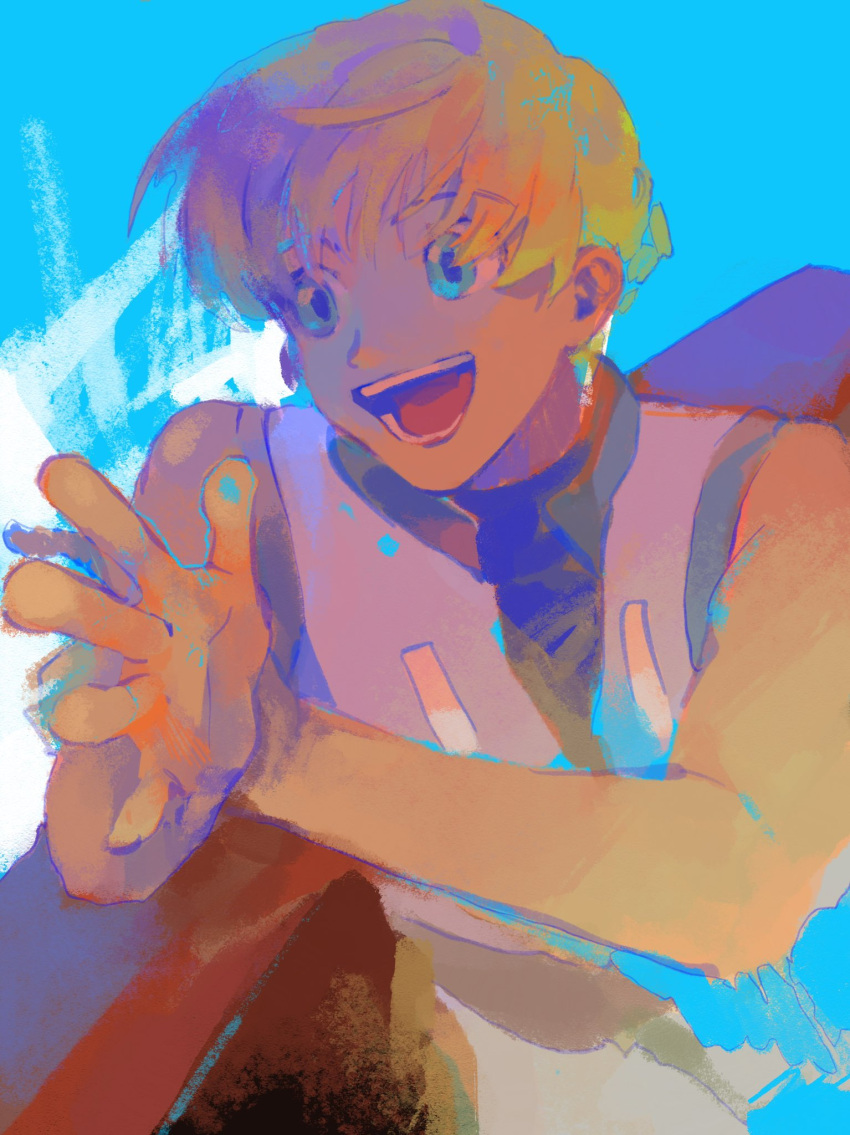 1boy :d blonde_hair blue_eyes highres hun_bbokbbok hunter_x_hunter looking_ahead male_focus outstretched_hand painterly shalnark shirt short_hair sleeveless smile solo upper_body