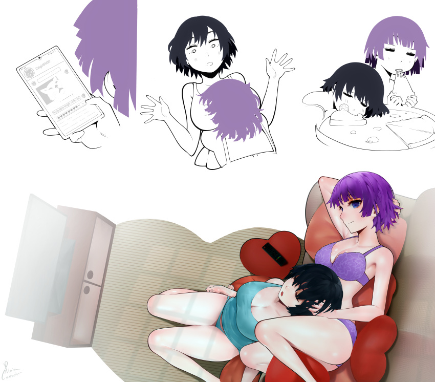 2girls absurdres aqua_panties aqua_tank_top arm_up armpits artist_name black_hair bra breasts cellphone cleavage closed_eyes collarbone commentary eating eyelashes feet_out_of_frame food from_above hanekawa_tsubasa highres holding large_breasts legs looking_at_viewer lying monogatari_(series) multiple_girls official_alternate_hairstyle on_side open_mouth panties phone piancaesar pizza pizza_slice purple_bra purple_hair purple_panties senjougahara_hitagi short_hair signature sitting sleeping smartphone smile symbol-only_commentary thighs underwear underwear_only wariza