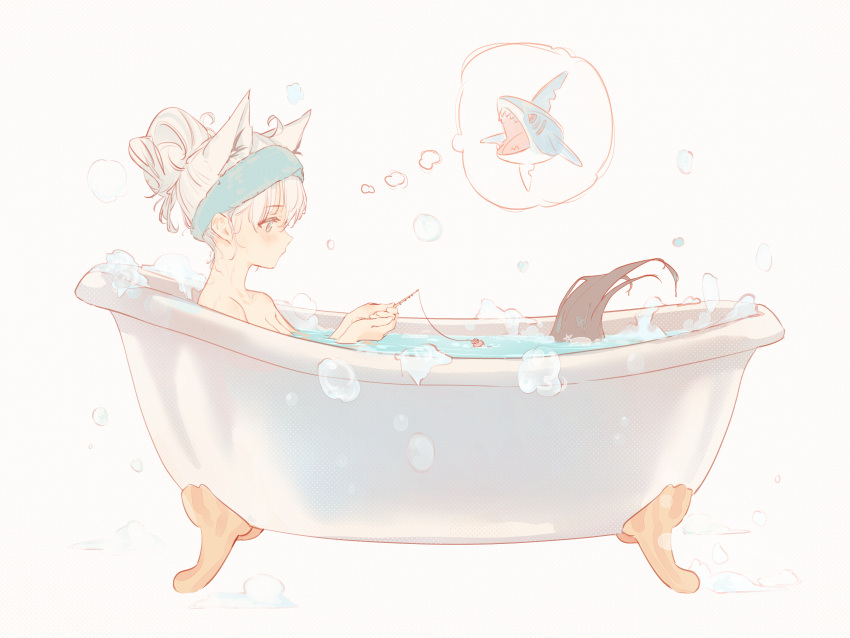1girl absurdres ahoge animal_ears bathing bathtub blue_eyes blush breasts claw_foot_bathtub commentary fishing_rod fox_ears fox_girl fox_tail from_side highres holding holding_fishing_rod hololive hyde_(tabakko) medium_breasts partially_submerged pokemon pokemon_(creature) profile sharpedo shirakami_fubuki short_ponytail simple_background soap_bubbles solo spoken_character symbol-only_commentary tail towel towel_on_head virtual_youtuber water white_background white_hair