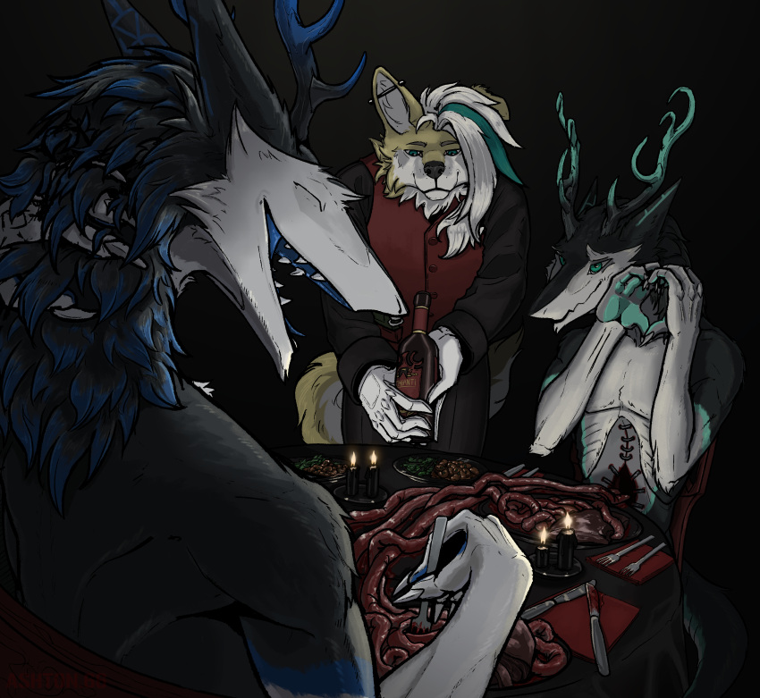 &lt;3 2024 4_fingers 5_fingers absurd_res alcohol anthro antlers ashton.66 bean bean_(legume) bent_over beverage bird_dog black_body black_candle black_clothing black_fur black_tablecloth blue_antlers blue_body blue_fur blue_mane blue_markings blue_pawpads blue_tongue bottle candle candlelight canid canine canis cannibalism chianti claws clothed clothing container cup cutlery detailed digital_drawing_(artwork) digital_media_(artwork) domestic_dog drinking_glass ear_piercing eating eyes_closed fava_beans fingers food fork fully_clothed fur glass glass_container glass_cup gloved_hands gloves golden_retriever gore group hand_behind_neck handkerchief handwear happy hi_res holding_bottle holding_container holding_fork holding_object horn hunting_dog husky industrial_piercing inside kerchief kitchen_utensils knife legume light looking_at_another male mammal mane markings nordic_sled_dog partially_clothed pawpads piercing plant rear_view red_clothing red_handkerchief red_kerchief red_shirt red_topwear restaurant retriever rye_osland schmitt sergal shaded shirt simple_background simple_shading sitting smile spitz stirring suit teal_antlers teal_mane teal_markings teal_pawpads teeth teeth_showing tongue tools topwear trio waiter_suit white_body white_claws white_clothing white_fur white_gloves white_handwear white_mane wine wine_bottle wine_glass yellow_body yellow_fur zener_(sergal)