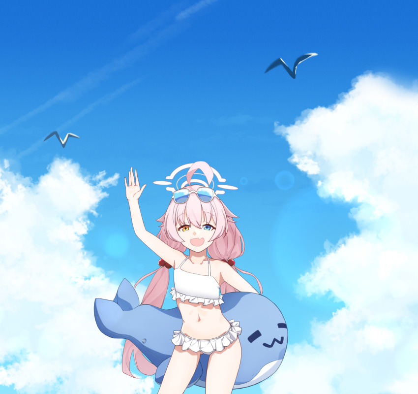 1girl ahoge angrygentle bikini bird blue-tinted_eyewear blue_archive blue_eyes blue_sky cloud collarbone commentary day eyewear_on_head fang frilled_bikini frills hair_bobbles hair_ornament halo heterochromia hoshino_(blue_archive) hoshino_(swimsuit)_(blue_archive) inflatable_toy inflatable_whale long_hair navel open_mouth outdoors pink_hair pink_halo seagull skin_fang sky solo swimsuit tinted_eyewear twintails waving_arm white_bikini yellow_eyes