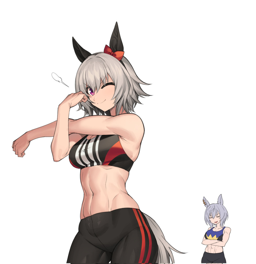 2girls abs animal_ears bare_shoulders black_hairband black_sports_bra bow closed_eyes commentary cowboy_shot cross-body_stretch crossed_arms curren_chan_(umamusume) ear_bow ear_covers ear_ornament fukuro_(maruaru00) genderswap genderswap_(mtf) grey_hair groin hair_between_eyes hairband highres horse_ears horse_girl horse_tail kurofune_(racehorse) light_brown_hair looking_at_viewer multiple_girls navel one_eye_closed original personification purple_eyes red_bow short_hair simple_background smile smug sports_bra tail toned umamusume v-shaped_eyebrows visible_air white_background