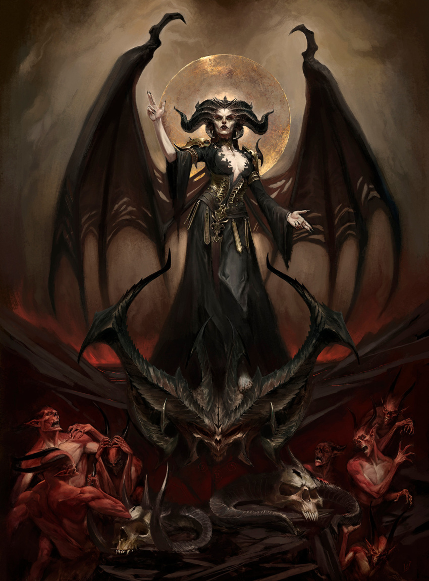 1girl 6+boys alvarojh armlet armor barefoot bat_wings black_dress black_horns black_lips black_nails black_sclera black_wings breasts center_opening cleavage closed_mouth collar collarbone colored_sclera colored_skin corset cowboy_shot curled_horns dark_background demon demon_boy demon_girl demon_horns demon_wings diablo_4 dress extra_horns fingernails full_body gold_corset halo hands_on_own_head heterochromia highres horns huge_horns lilith_(diablo) long_dress long_sleeves looking_at_viewer looking_up makeup mascara medium_breasts metal_collar multiple_boys nail_polish open_mouth pale_skin pointy_ears red_eyes red_skin serious sharp_fingernails sharp_teeth shoulder_armor skull teeth toned torn_clothes torn_dress torn_sleeves torn_wings v v-neck wide_sleeves wings