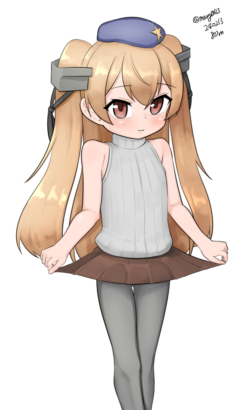 1girl absurdres aged_down beret blue_headwear brown_eyes brown_skirt feet_out_of_frame flat_chest grey_pantyhose hair_ribbon hat headgear highres johnston_(kancolle) kantai_collection light_brown_hair long_hair maru_(marg0613) one-hour_drawing_challenge pantyhose ribbed_sweater ribbon simple_background skirt skirt_hold sleeveless sleeveless_sweater solo sweater turtleneck turtleneck_sweater two_side_up white_background