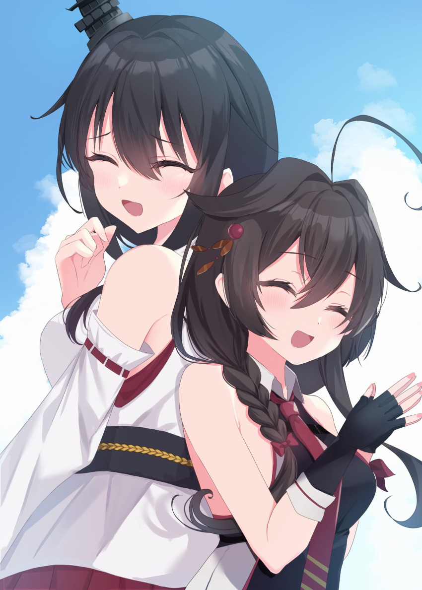 2girls ahoge black_gloves black_hair blue_sky blush braid breasts cloud day detached_sleeves fingerless_gloves gloves hair_between_eyes hair_flaps hair_ornament hair_over_shoulder headgear highres kantai_collection large_breasts long_hair medium_breasts multiple_girls open_mouth own_hands_together shigure_(kancolle) shirt single_braid sky sleeveless sleeveless_shirt yamashiro_(kancolle) yoshino_(mfmfpng)