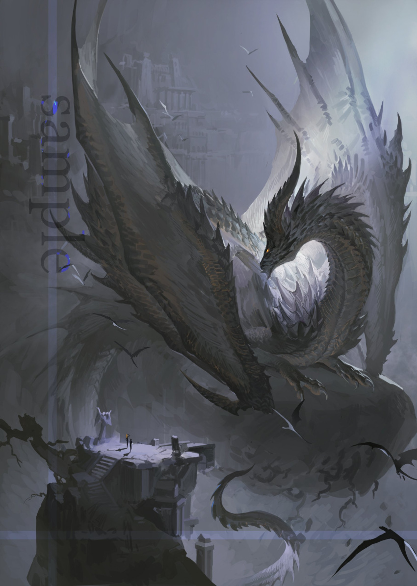 2others absurdres ambiguous_gender claws closed_mouth dragon full_body glowing glowing_eyes grey_background grey_scales grey_wings highres horns leviair looking_at_another multiple_others orange_eyes original ruins sample_watermark scales sitting tail watermark wide_shot wings