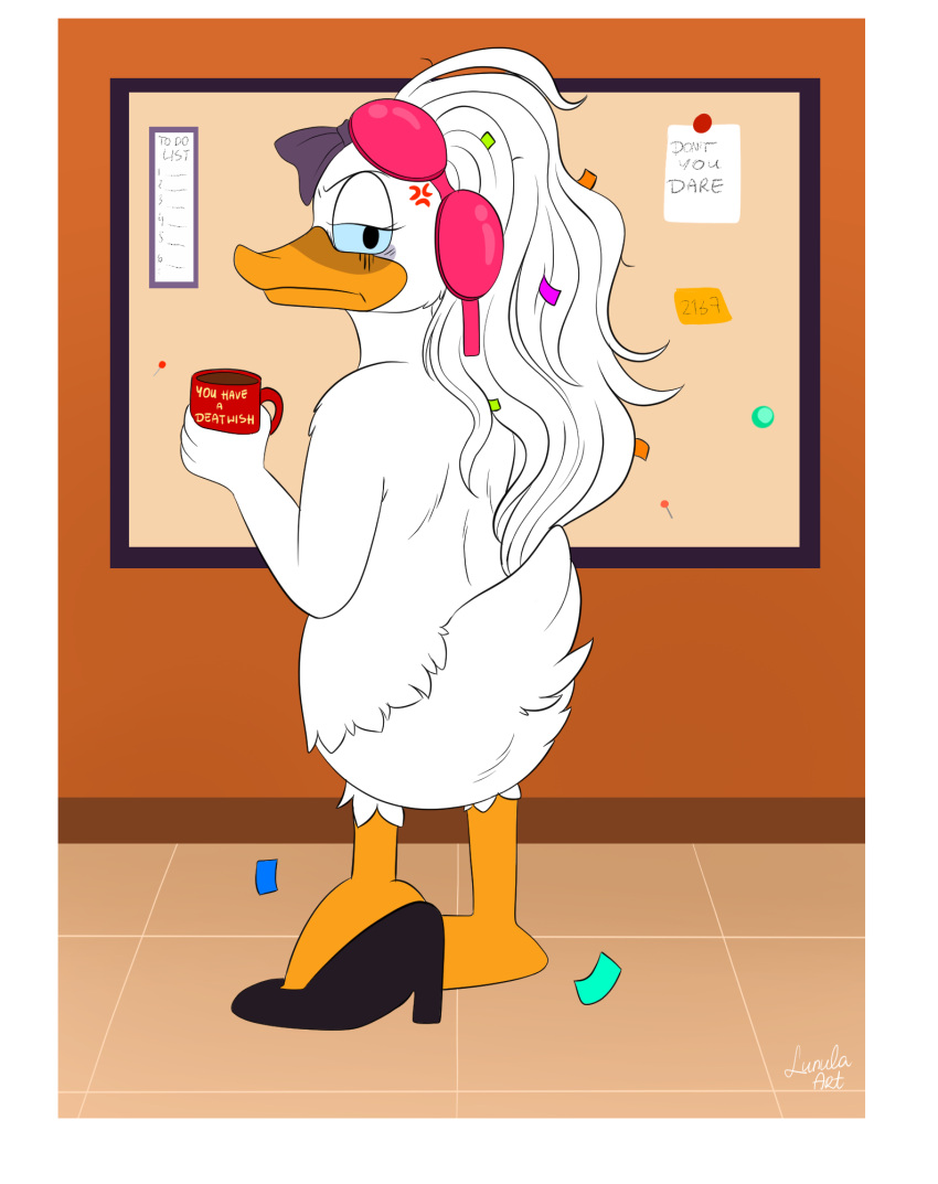 alternate_view anatid angry anseriform anthro avian avian_butt bird bra_on_head butt clothing coffee_cup container cross-popping_vein cup daisy_duck disney disney's_house_of_mouse duck exhausted female footwear footwear_only hair hi_res long_hair looking_at_viewer lunula_(artist) mostly_nude one_shoe_on overworked_employee shoes shoes_only solo workplace_nudity