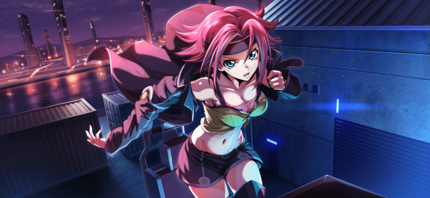 1girl artist_request backlighting bare_shoulders black_jacket black_shorts black_thighhighs blue_eyes breasts city cleavage cloud code_geass code_geass:_lost_stories collarbone cowboy_shot crop_top dressing dutch_angle game_cg gradient_sky groin hair_flaps hair_intakes hand_up headband highres jacket kallen_stadtfeld large_breasts long_sleeves looking_at_viewer mountainous_horizon navel night non-web_source official_art open_mouth outdoors purple_sky putting_on_jacket red_hair red_headband shipping_container shirt short_hair short_shorts shorts sidelocks sky sleeveless sleeveless_shirt solo spaghetti_strap standing stomach thighhighs thighs undershirt v-shaped_eyebrows warehouse yellow_shirt
