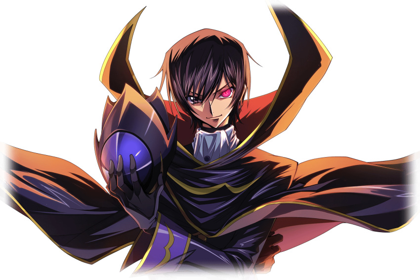1boy artist_request ascot backlighting black_cape black_coat black_gloves black_hair black_headwear cape closed_mouth coat code_geass code_geass:_lost_stories cropped_torso crossed_arms game_cg geass gloves gold_trim hair_between_eyes hand_up happy helmet heterochromia high_collar highres holding holding_helmet lelouch_vi_britannia long_sleeves male_focus non-web_source official_art pink_eyes purple_eyes short_hair sidelocks simple_background smile solo standing transparent_background unworn_headwear unworn_helmet upper_body v-shaped_eyebrows white_ascot zero_(code_geass)