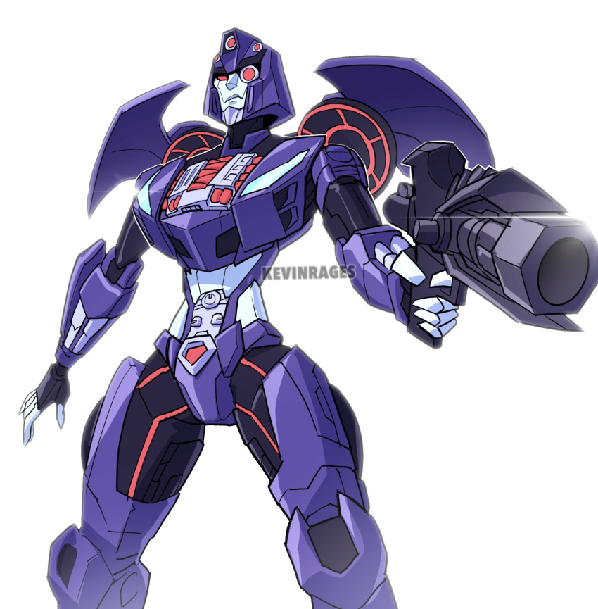 1girl breasts gun handgun highres humanoid_robot kevin_raganit mechanical_wings medium_breasts narrow_waist panties purple_panties red_eyes robot robot_girl shadow_striker_(transformers) simple_background solo transformers transformers_cyberverse underwear weapon white_background wings