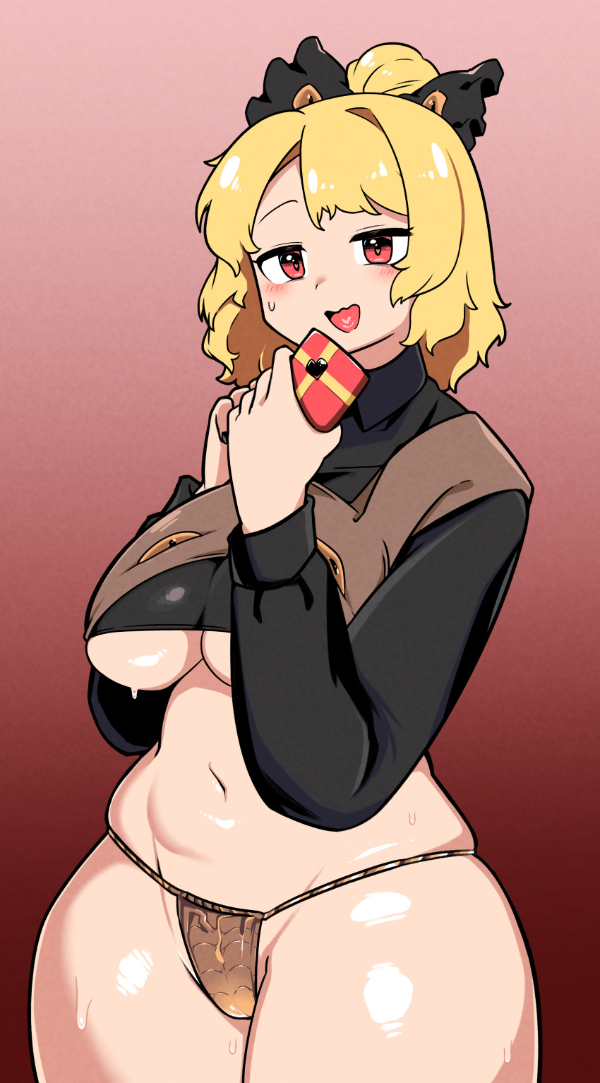 1girl absurdres black_bow black_shirt blonde_hair blush bow box breasts brown_panties collared_shirt commentary_request cowboy_shot crop_top extra_eyes gift gift_box gradient_background hair_bow hair_bun heart highres holding holding_gift kurodani_yamame large_breasts long_sleeves looking_at_viewer medium_bangs navel no_pants open_mouth panties red_background red_eyes rinyamame shirt short_hair single_hair_bun smile solo thick_thighs thighs touhou underboob underwear valentine