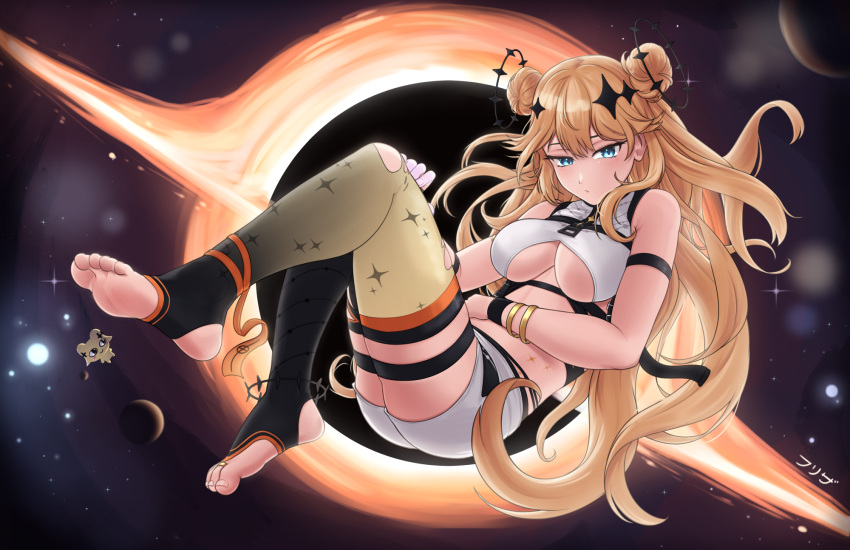 1girl black_hole blonde_hair blue_eyes breasts cleavage commentary double_bun double_halo efreezerarts english_commentary feet foot_focus hair_bun halo highres kaneko_lumi kaneko_lumi_(3rd_costume) large_breasts legs long_hair looking_at_viewer multiple_halos phase_connect soles solo stirrup_legwear toeless_legwear toenails toes virtual_youtuber