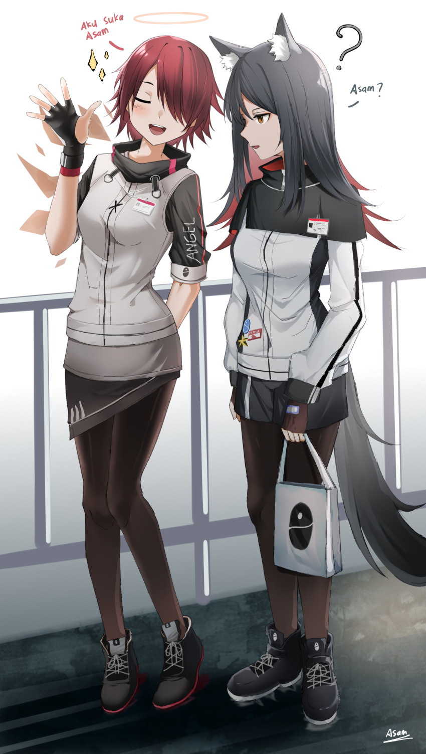 2girls ? absurdres ahmad_nuryadi animal_ears arknights artist_name bag black_footwear black_gloves black_pantyhose black_shorts blush breasts closed_eyes commentary detached_wings energy_wings english_commentary exusiai_(arknights) fingerless_gloves full_body gloves grey_shirt hair_over_one_eye halo highres holding holding_bag id_card indonesian_text long_hair long_sleeves medium_breasts multiple_girls open_mouth pantyhose railing red_hair shirt shoes short_hair shorts sleeve_cuffs standing tail texas_(arknights) translated white_bag wings wolf_ears wolf_girl wolf_tail