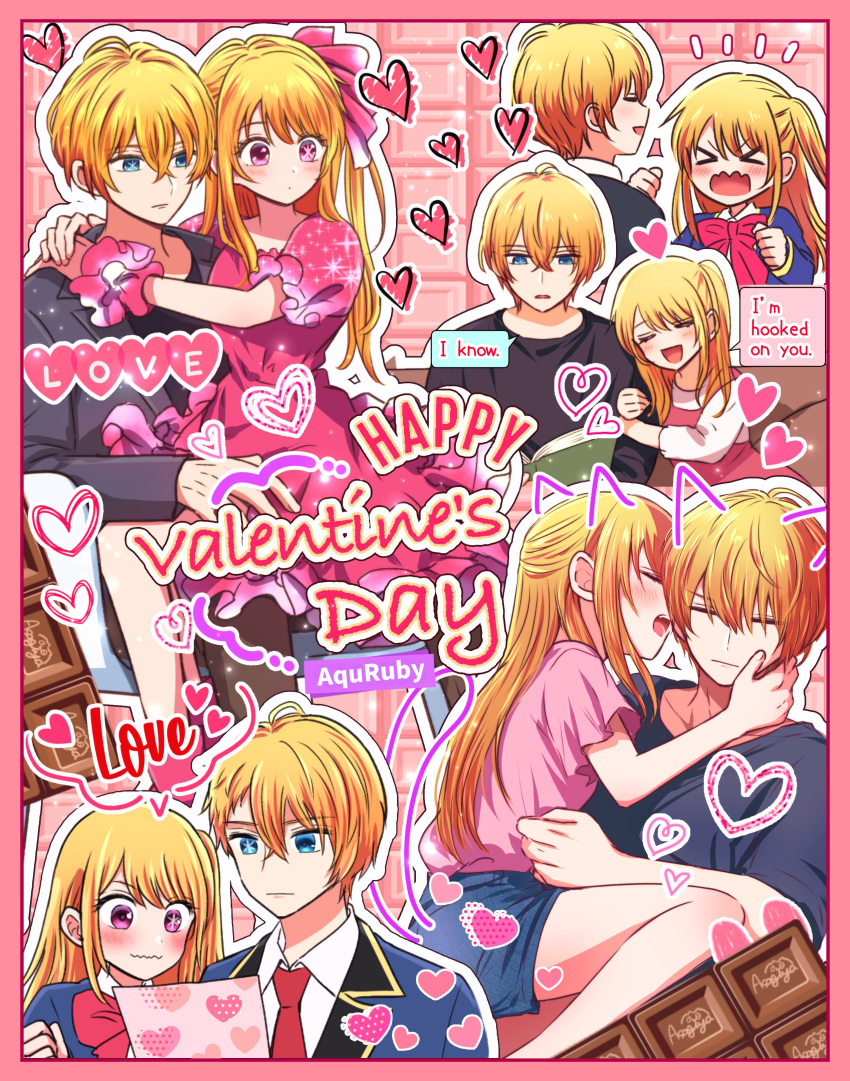 &gt;_&lt; 1boy 1girl absurdres arm_hug arms_on_another's_shoulder asgykk black_shirt blazer blonde_hair blue_eyes blue_jacket blue_shirt blue_shorts blush book border bow bowtie brother_and_sister brown_pants candy chocolate chocolate_bar clenched_hand clenched_hands closed_eyes closed_mouth collared_jacket commentary_request cowlick crossed_bangs double-parted_bangs dress dress_shirt english_text facing_viewer food frilled_dress frills from_behind from_side grey_jacket hair_between_eyes hair_ribbon hand_on_another's_neck hand_on_another's_thigh hands_on_another's_arm hands_on_another's_shoulder hands_up happy_valentine head_on_another's_shoulder heart hetero highres holding holding_book hoshino_aquamarine hoshino_ruby hug incest jacket lapels leaning_on_person legs_folded long_hair long_sleeves looking_down looking_to_the_side notched_lapels notice_lines one_side_up open_book open_clothes open_jacket open_mouth oshi_no_ko outline own_hands_together pants parted_lips pinafore_dress pink_border pink_dress pink_eyes pink_ribbon pink_scrunchie pink_shirt puffy_short_sleeves puffy_sleeves purikura reading red_bow red_bowtie ribbon school_uniform scrunchie shirt short_hair short_sleeves shorts siblings sitting sitting_on_person sleeveless sleeveless_dress smile sparkle_print speech_bubble star-shaped_pupils star_(symbol) swept_bangs symbol-shaped_pupils teeth tile_background turning_head twins variations white_outline white_shirt wrist_scrunchie youtou_high_school_uniform