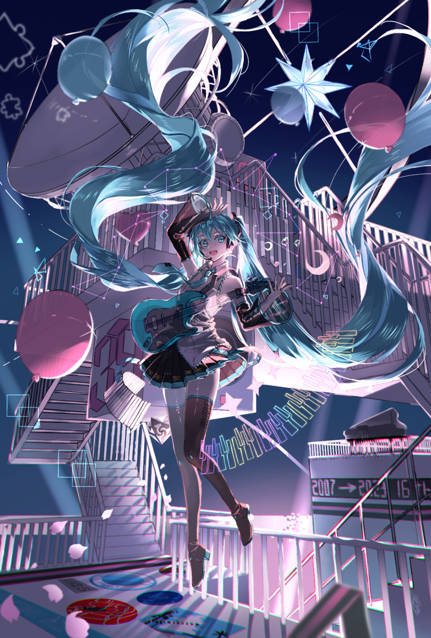 1girl 2007 2023 absurdly_long_hair ahoge arm_up balloon black_footwear black_skirt black_sleeves blue_necktie boots collared_shirt detached_sleeves floating_hair full_body hatsune_miku highres long_hair long_sleeves looking_at_viewer miniskirt natsusankinka07 necktie pleated_skirt see-through see-through_sleeves shirt skirt sleeveless sleeveless_shirt solo thigh_boots twintails very_long_hair vocaloid white_shirt wing_collar zettai_ryouiki