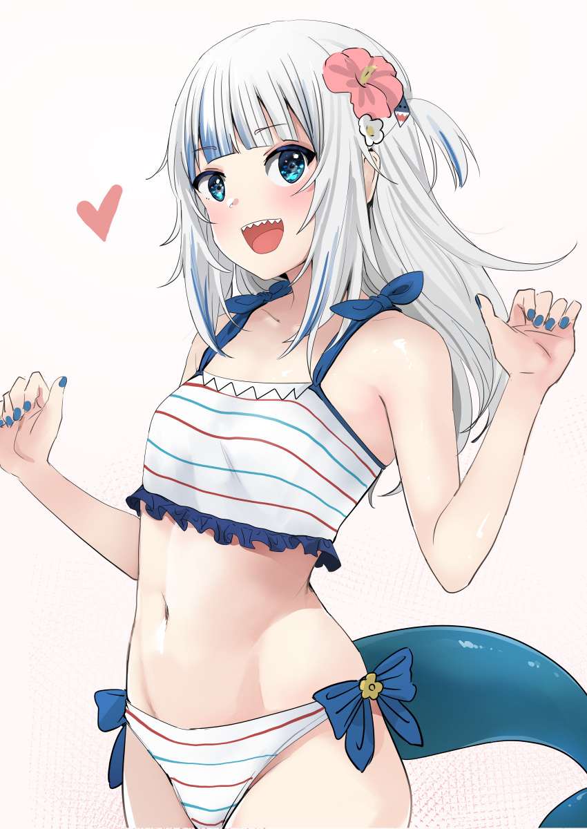 1girl absurdres bare_arms bare_legs bare_shoulders bikini black_bow black_bowtie blue_eyes blue_hair blue_nails blue_tail blush bow bowtie breasts claw_pose fins fish_tail flower frills gawr_gura grey_hair h2o_(ddks2923) hair_flower hair_ornament heart highres hololive hololive_english long_hair multicolored_hair nail_polish navel open_mouth petite red_flower revision shark_girl shark_tail sharp_teeth sidelocks simple_background small_breasts solo stomach streaked_hair striped_bikini striped_clothes swimsuit tail teeth virtual_youtuber white_background