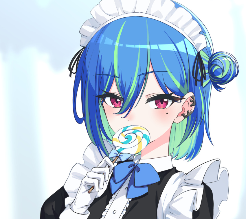 1girl alternate_costume apron black_dress blue_bow blue_bowtie blue_hair blush bow bowtie buttons candy center_frills commentary_request double_bun dress enmaided food frilled_apron frills gloves green_hair hair_between_eyes hair_bun highres lollipop long_bangs looking_at_viewer maid maid_apron maid_headdress mole mole_under_eye multicolored_hair nanashi_inc. ougimaneki pink_eyes short_hair solo suzumi_nemo swirl_lollipop two-tone_hair upper_body virtual_youtuber white_apron white_gloves