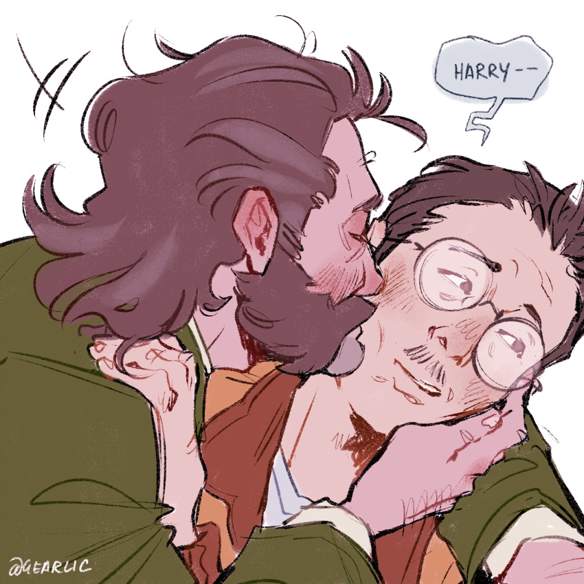 2boys beard black_hair blush bomber_jacket brown_hair closed_eyes disco_elysium facial_hair from_side gearlic glasses harry_du_bois highres holding_another's_head jacket kim_kitsuragi kiss kissing_cheek leaning_to_the_side looking_to_the_side male_focus mature_male multiple_boys mustache mutton_chops profile short_hair simple_background thick_beard upper_body white_background yaoi