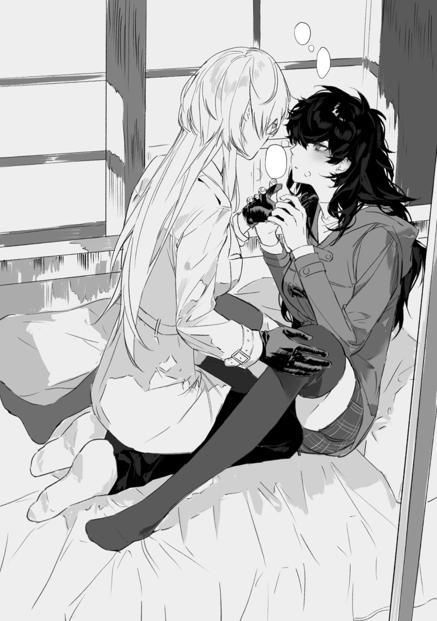 2girls akechi_gorou amamiya_ren bed black_gloves black_hair blush coat facing_another from_side full_body genderswap genderswap_(mtf) gloves greyscale hand_on_another's_knee highres holding_hands hood hoodie kiyoshi_st knees_up long_hair looking_at_another messy_hair monochrome multiple_girls on_bed pants persona persona_5 persona_5_the_royal pleated_skirt seiza sitting skirt socks thighhighs window yuri