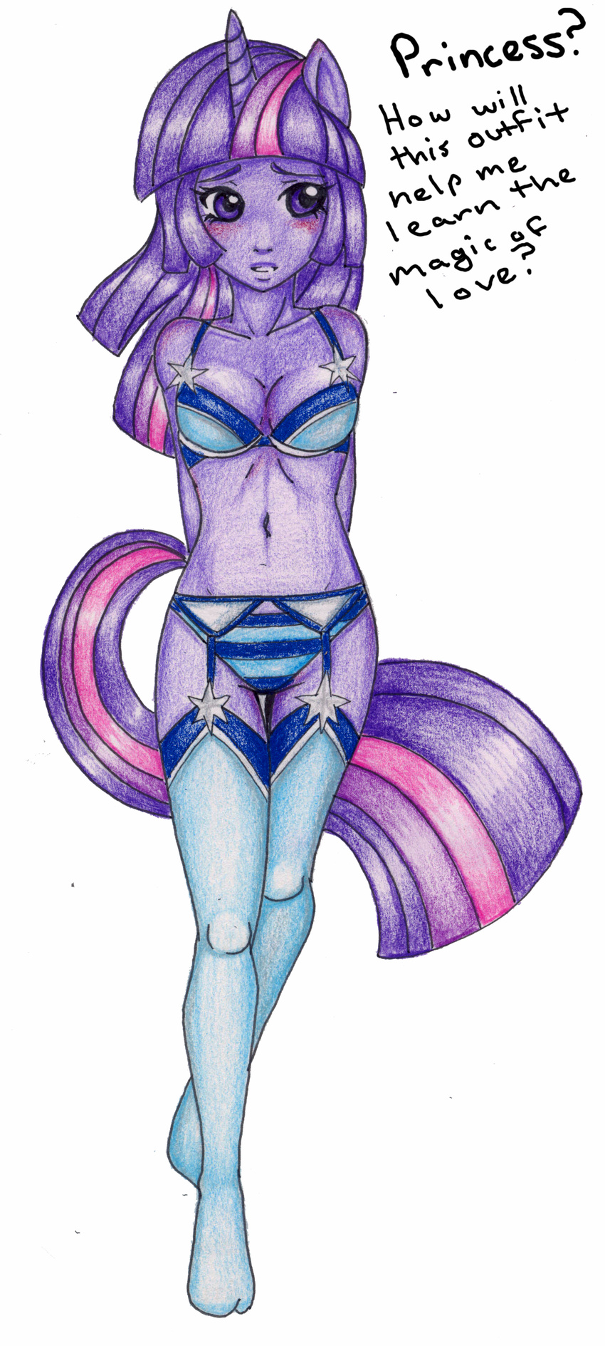 anthro anthrofied bikini_cut blush bra breasts cleavage clothed clothing cool_colors demi_cup equine female friendship_is_magic garter_belt garter_straps hair hasbro horn humanesque_face legwear lingerie long_hair mammal multi-colored_hair my_little_pony panties pink_hair purple_body purple_eyes purple_hair short_hair skimpy solo stockings suspenders traditional_media twilight_sparkle_(mlp) underwear unicorn