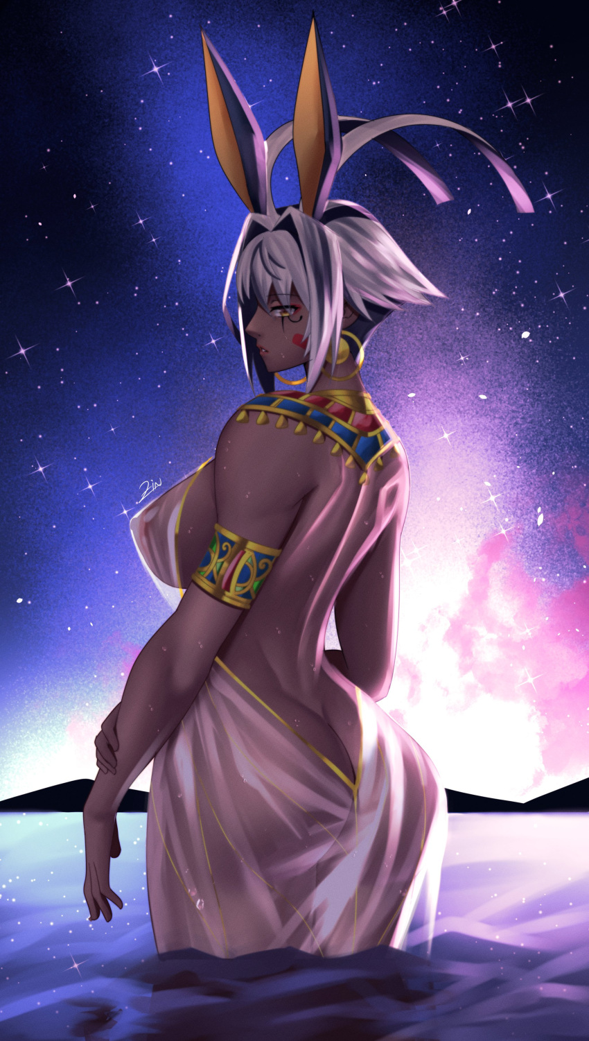 1girl absurdres animal_ears antenna_hair armlet ass back belly_chain black_hair breasts colored_inner_hair covered_nipples dark-skinned_female dark_skin dress earrings egyptian facepaint facial_mark fate/grand_order fate_(series) gold_trim hairband highres hoop_earrings jackal_ears jewelry large_breasts looking_at_viewer looking_back multicolored_hair night night_sky nitocris_(fate) nitocris_alter_(fate) parted_lips see-through short_hair sideboob sidelocks sky solo streaked_hair usekh_collar wading water wet wet_clothes white_dress white_hair yellow_eyes zinfian