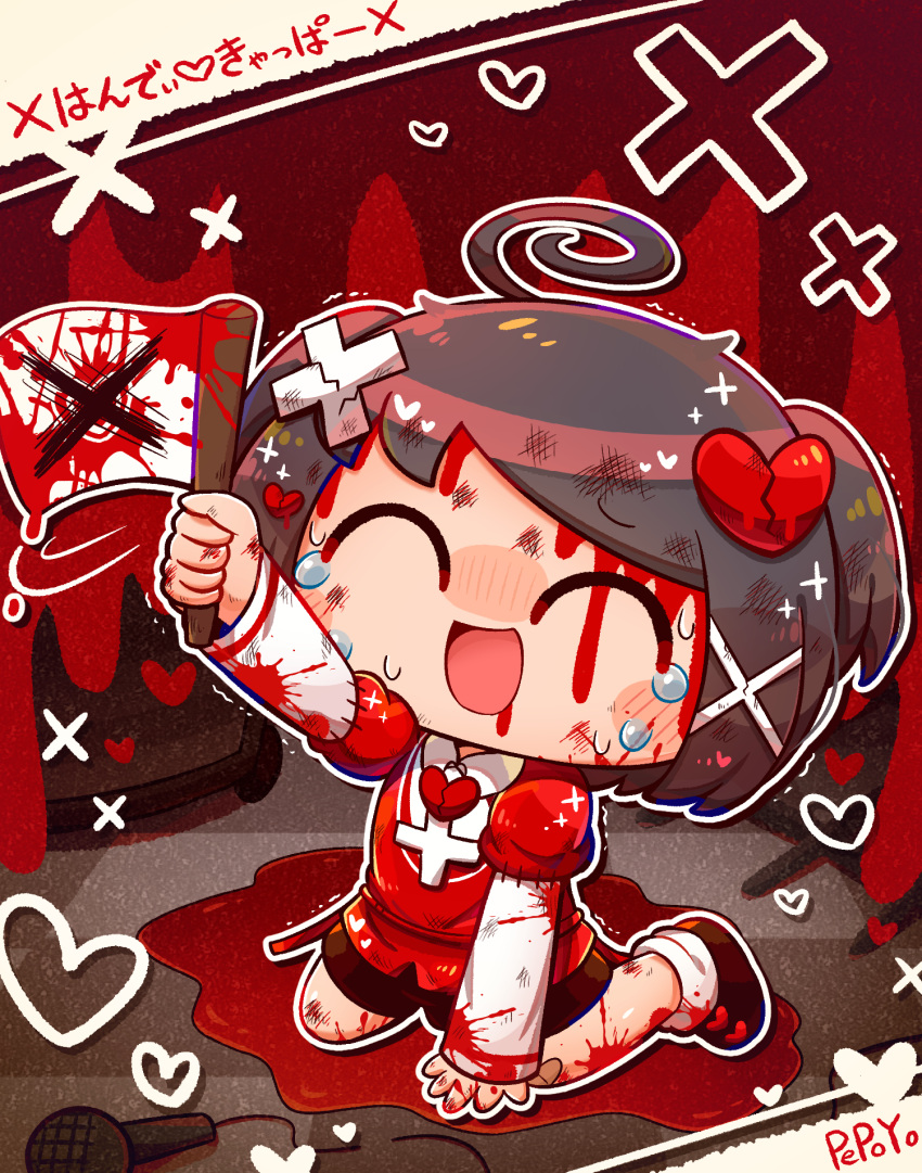 1boy ahoge artist_name black_footwear black_hair black_shorts blood blood_from_mouth blood_on_clothes blood_on_face blood_on_hands blood_splatter closed_eyes collared_shirt crack crying deformed flag hair_ornament hand_on_floor handy_capper_(vocaloid) heart heart_hair_ornament highres holding holding_flag injury long_sleeves male_focus microphone open_mouth original oyo-kun pepoyo puffy_short_sleeves puffy_sleeves red_shirt scratches shirt short_sleeves short_twintails shorts single_eyebrow sitting smile socks solo sweat twintails vocaloid wariza white_flag white_shirt white_socks x_hair_ornament