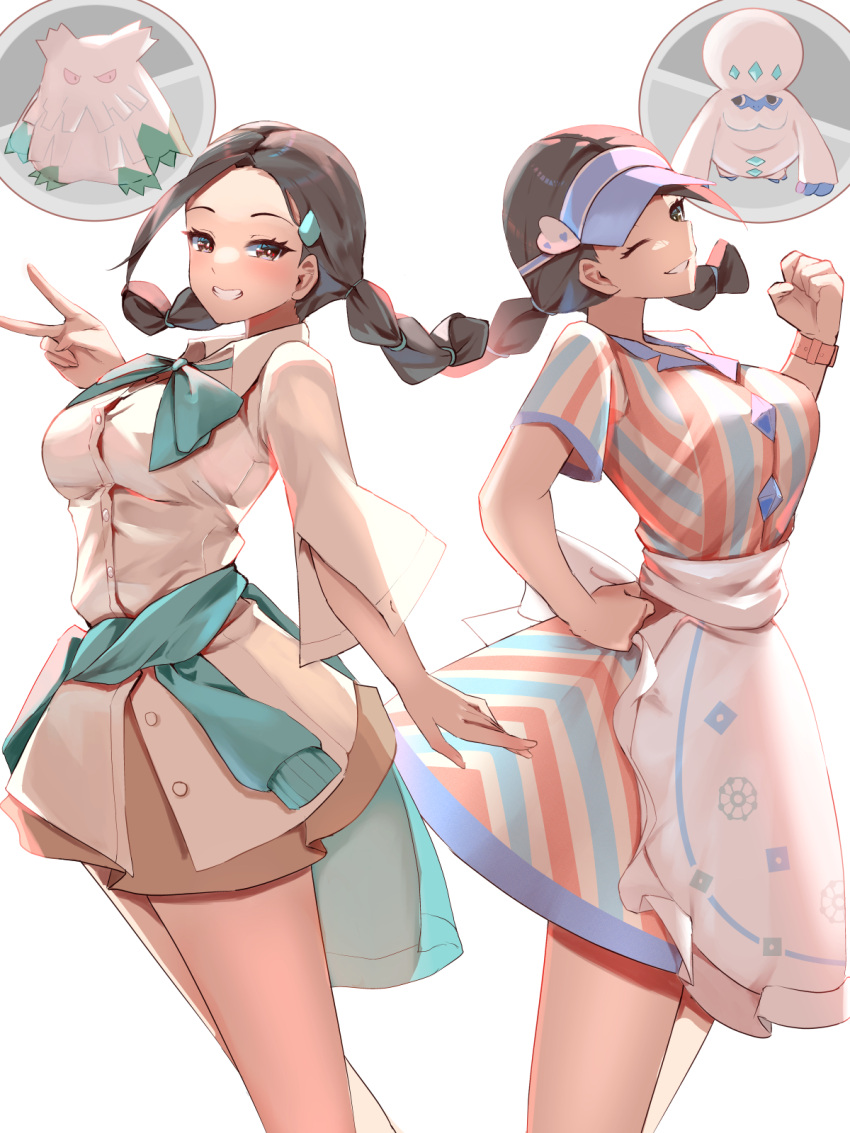 2girls ;d abomasnow apron black_hair blue_headwear blue_sweater braid brown_eyes brown_skirt candice_(palentine's_2024)_(pokemon) candice_(pokemon) clenched_hand clothes_around_waist collared_shirt dress dual_persona eyelashes galarian_darmanitan galarian_darmanitan_(standard) hair_ornament hairclip hand_on_own_hip highres long_hair long_sleeves looking_at_viewer momdy_(talesshinja) multiple_girls official_alternate_costume one_eye_closed pokemon pokemon_(creature) pokemon_masters_ex shirt short_sleeves skirt smile sweater sweater_around_waist teeth twin_braids v visor_cap waist_apron white_apron white_background white_shirt