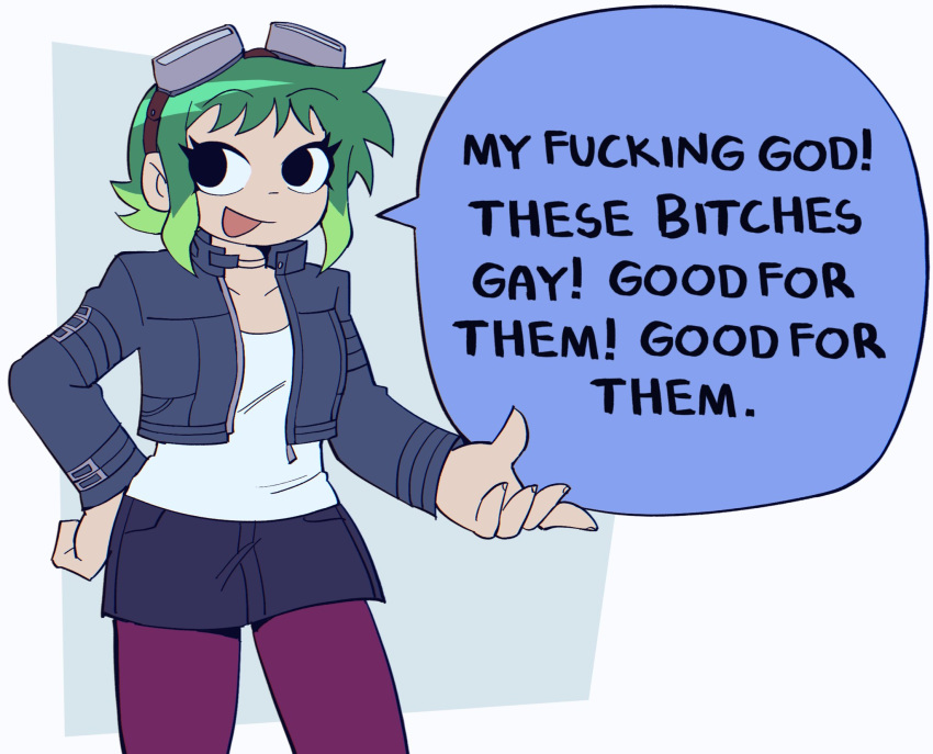 1girl bag black_eyes blue_pepe colored_tips cropped_jacket english_text goggles goggles_on_head green_hair hand_on_own_hip highres meme multicolored_hair my_fucking_god!_these_bitches_gay!_good_for_them_(meme) official_style pantyhose ramona_flowers scott_pilgrim_(series) scott_pilgrim_takes_off short_hair sideways_mouth skirt solo standing